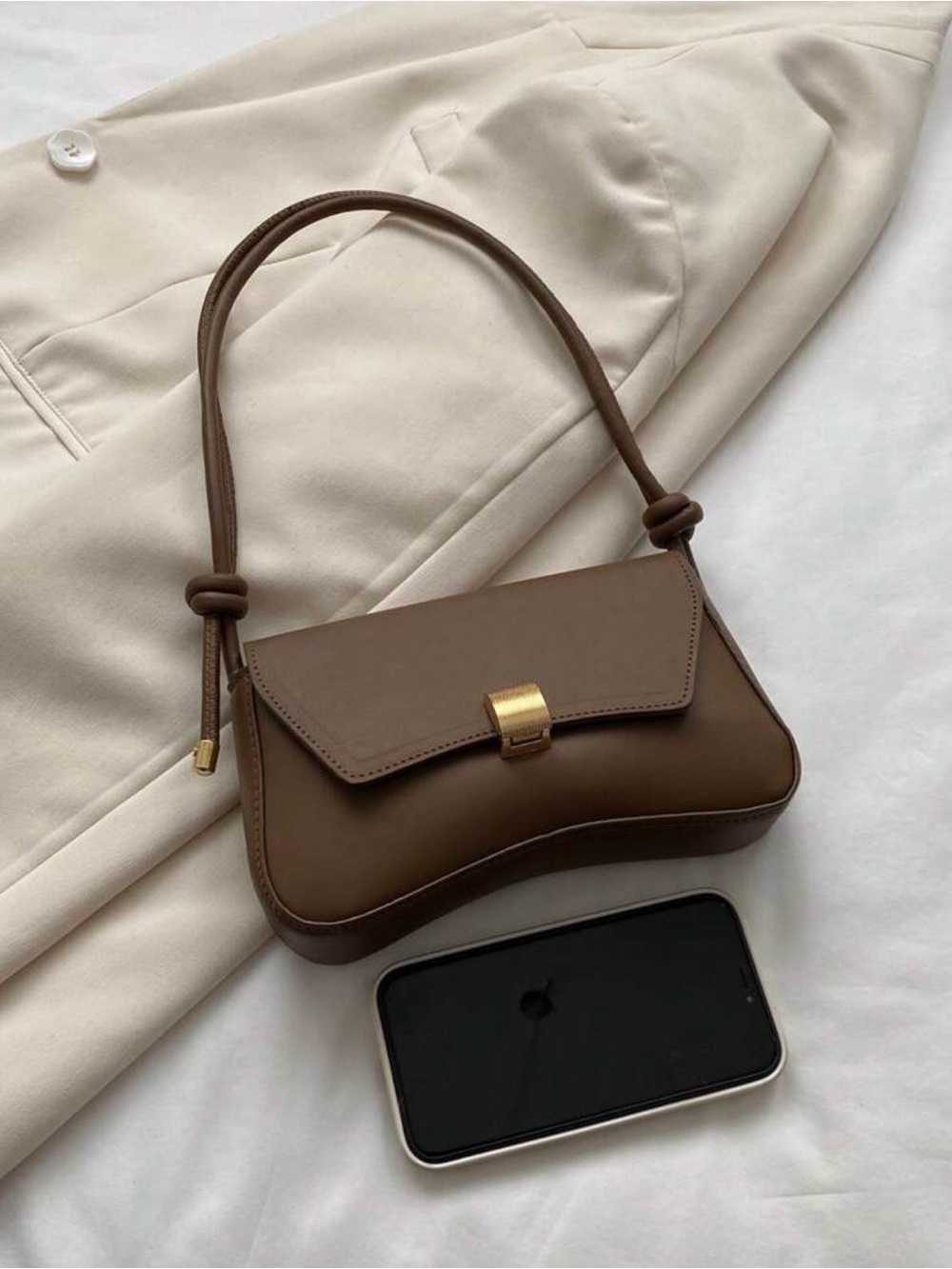 High-End Brown Women's Shoulder Bag with Personalized Gold Buckle Decor Design